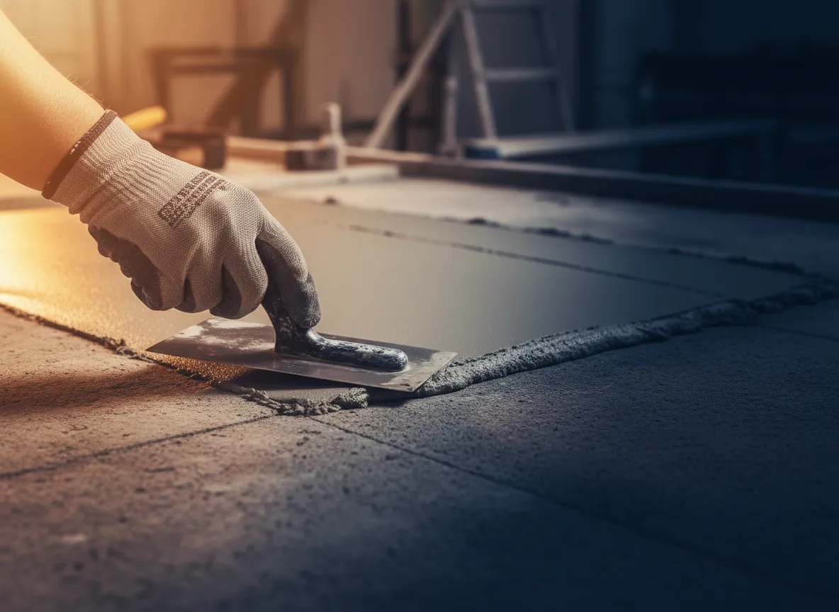 A fresh concrete patch being finished flush with a steel trowel
